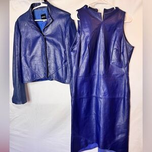 Versace Blue Leather Jacket and Dress Set